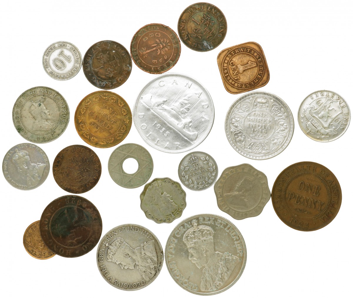 British Colonies. George V. Lot (21) Copper and Silver Coins. 1907 - 1936.