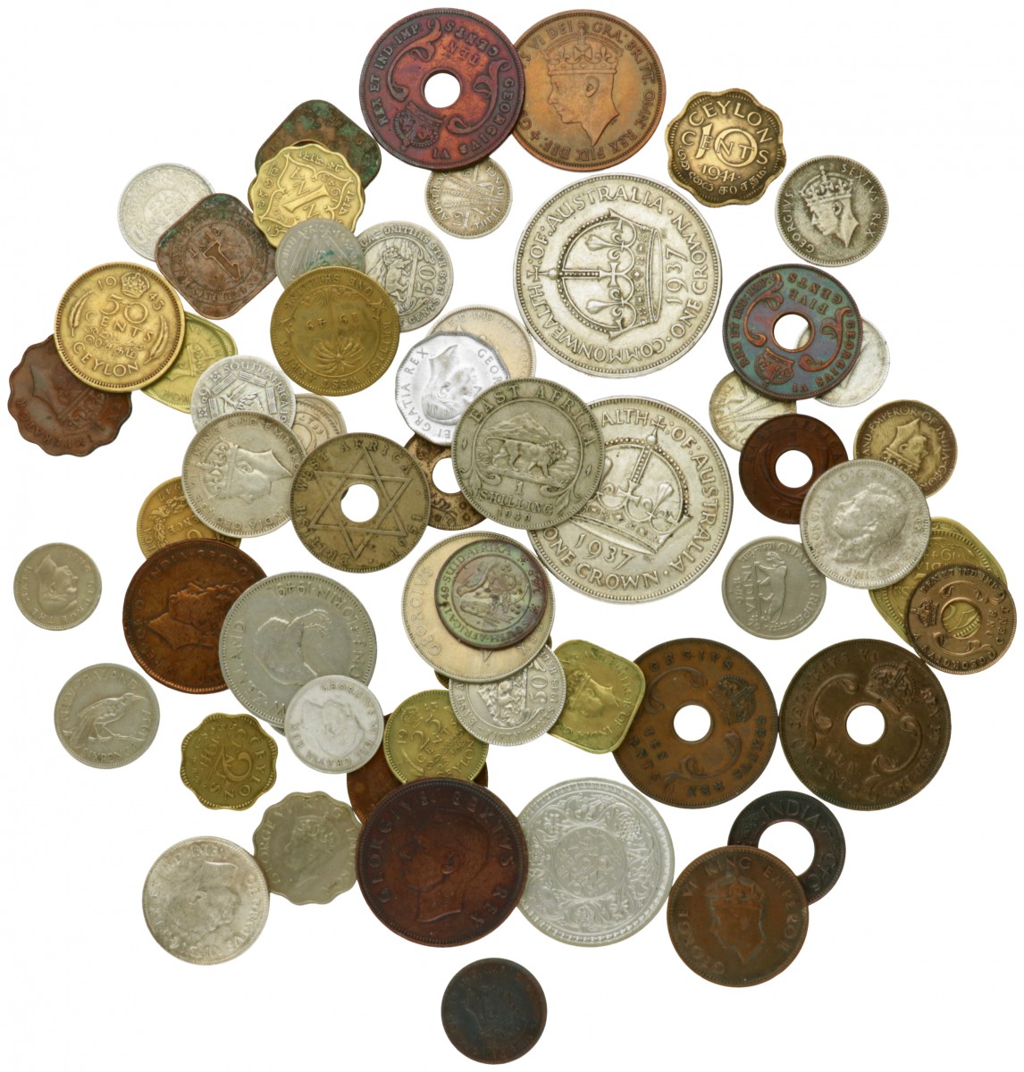 British Colonies. George VI. Lot (59) Copper and Silver Coins. 1930 - 1952.