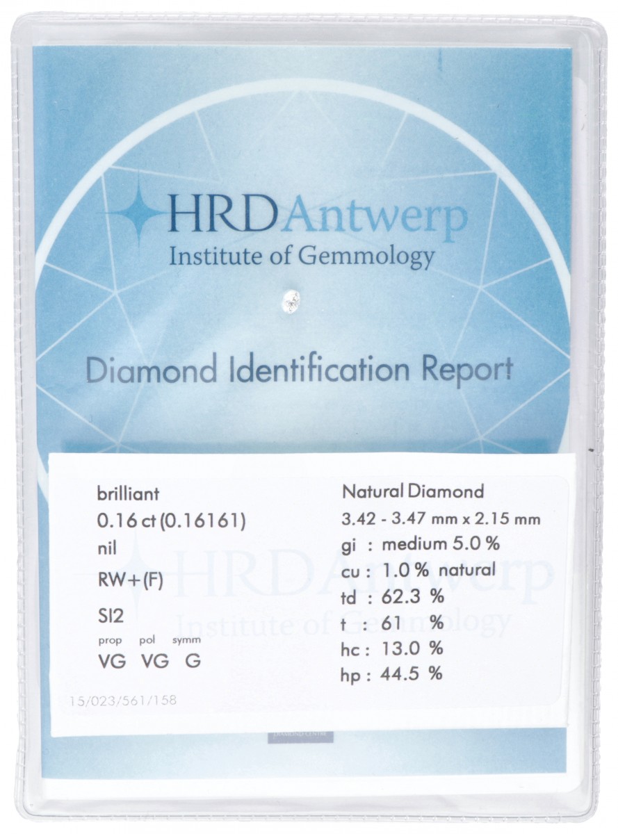 HRD-gecertificeerde briljant geslepen natuurlijke diamant 0.16 ct.