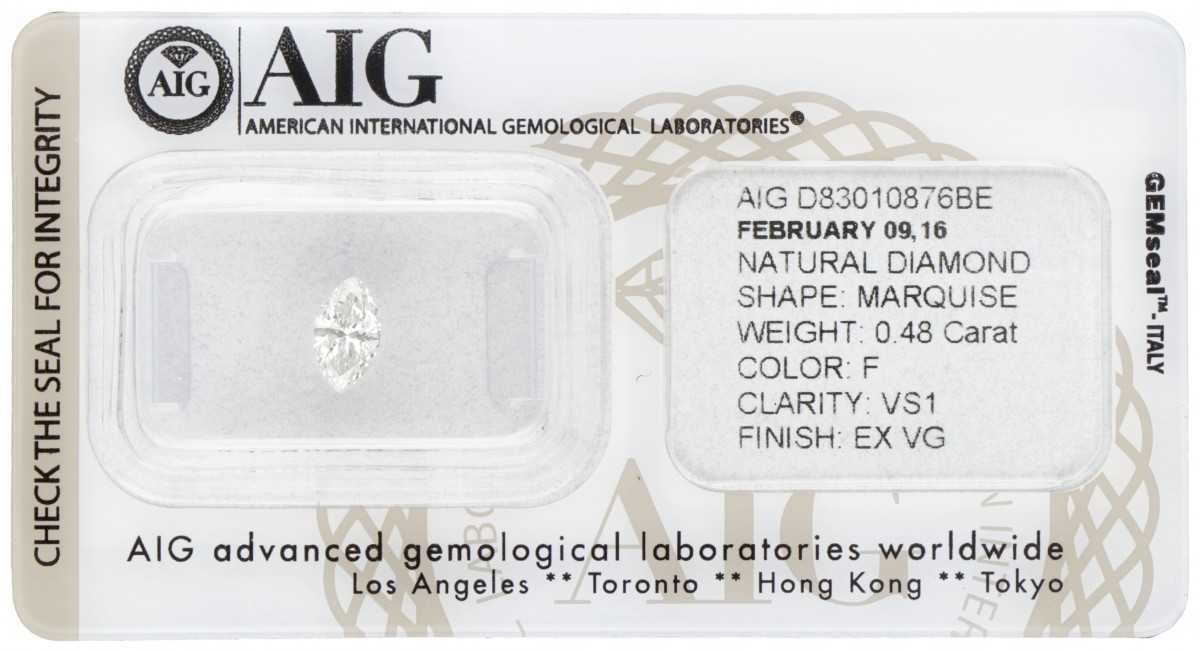 AIG-gecertificeerde marquise geslepen natuurlijke diamant 0.48 ct.