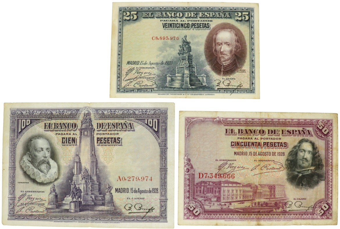 Spain. 25/50/100 Pesetas. Banknote. Type 1928. - Very fine.