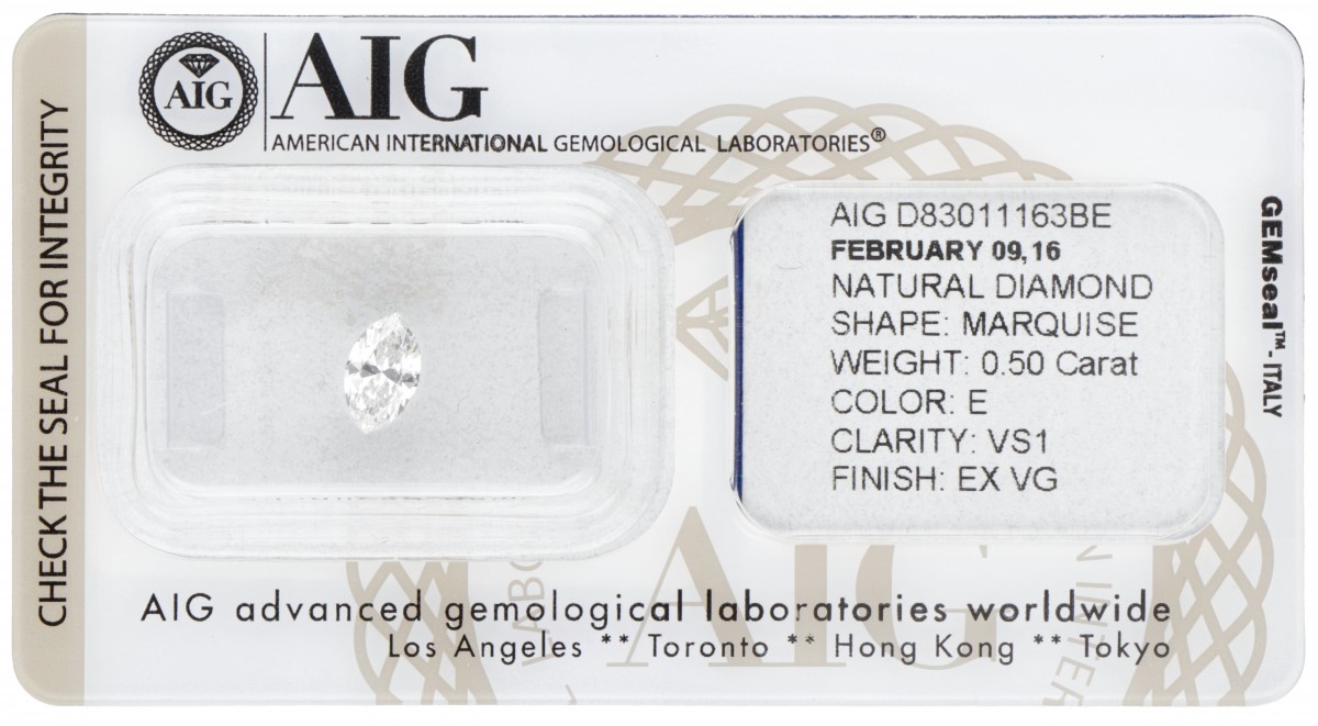 AIG-gecertificeerde marquise geslepen natuurlijke diamant 0.50 ct.