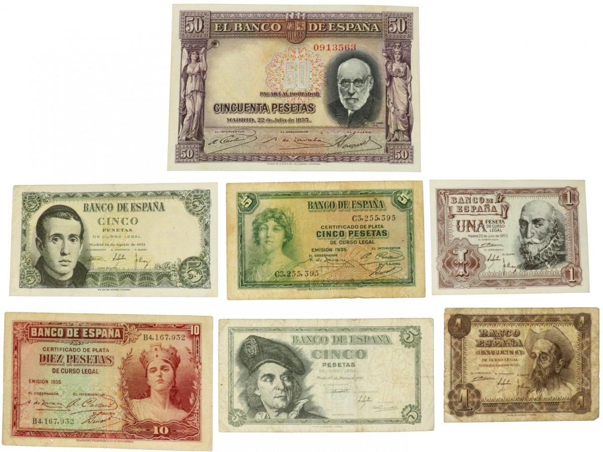 Spain. 2x1/3x5/10/50 Pesetas. Banknote. Type 1935-1953. - Fine – Extremely fine.