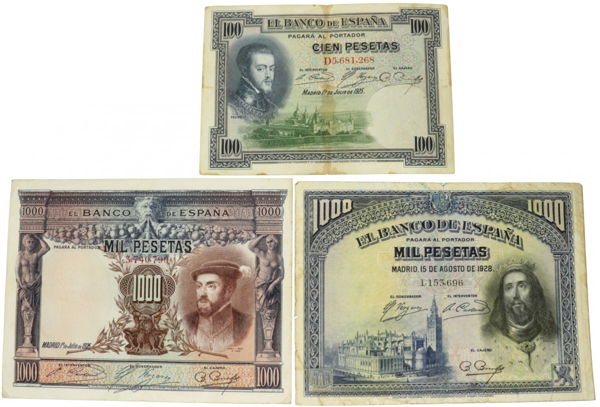 Spain. 100/2x1000 Pesetas. Banknote. Type 1925-1928. - Very good – Very fine.
