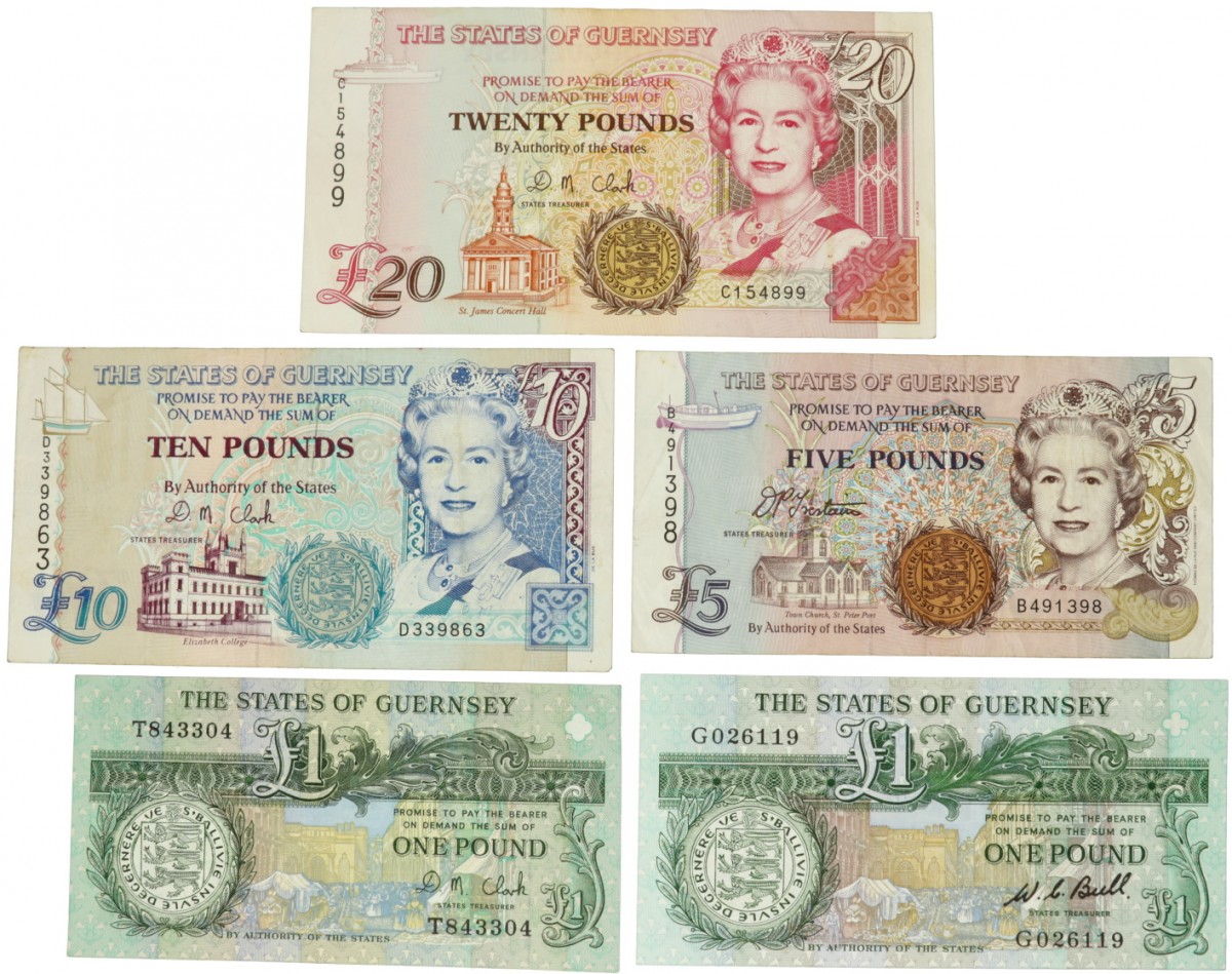 Guernsey. 2 x 1/5/10/20 Pounds. Banknote. Type 1969-1996. - Fine / Very fine.