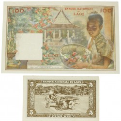 Laos. 5 and 100 Kip. Banknote. Type 1957. - About UNC.