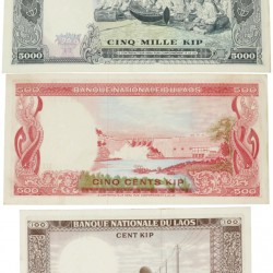 Laos. 100/500/5000 Kip. Banknote. Type 1974-1975. - Extremely fine / UNC.