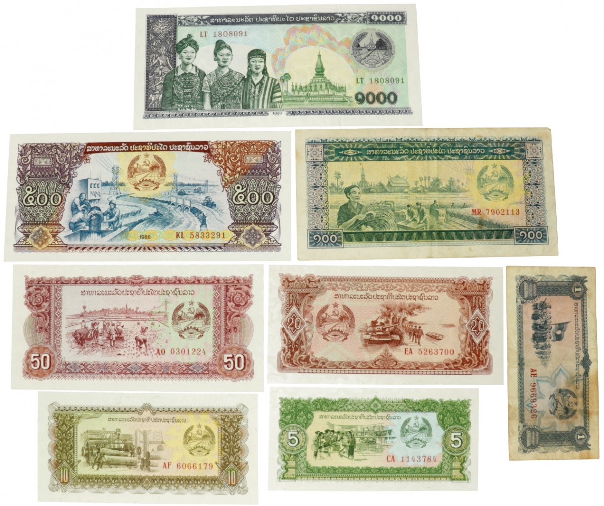 Laos. 1/5/10/20/50/100/500/1000 Kip. Banknote. Type 1988. - Fine – UNC.