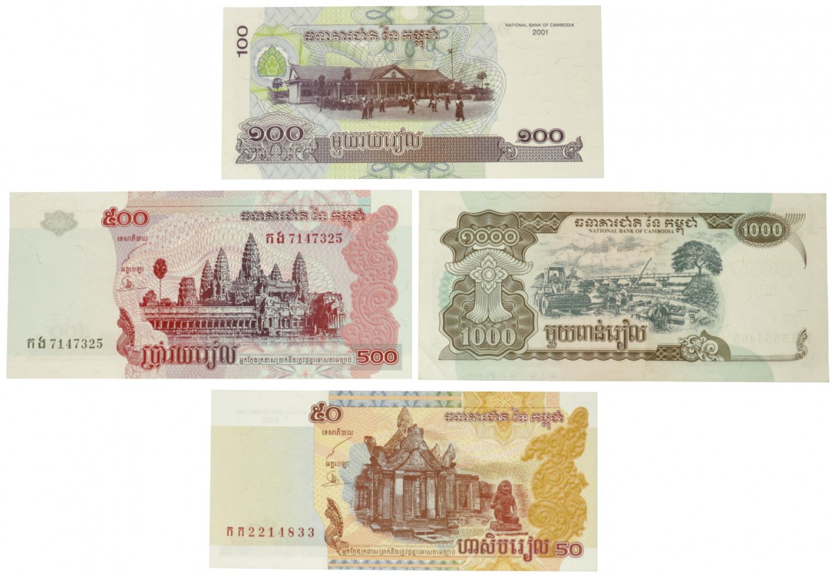 Cambodia. 50/100/500/1000 Riels. Banknote. Type 1999-2002. - Very fine – UNC.