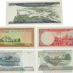 Cambodia. 5/10/100/5000/10000 Riels. Banknote. Type 1962-2001. - Very fine – UNC.