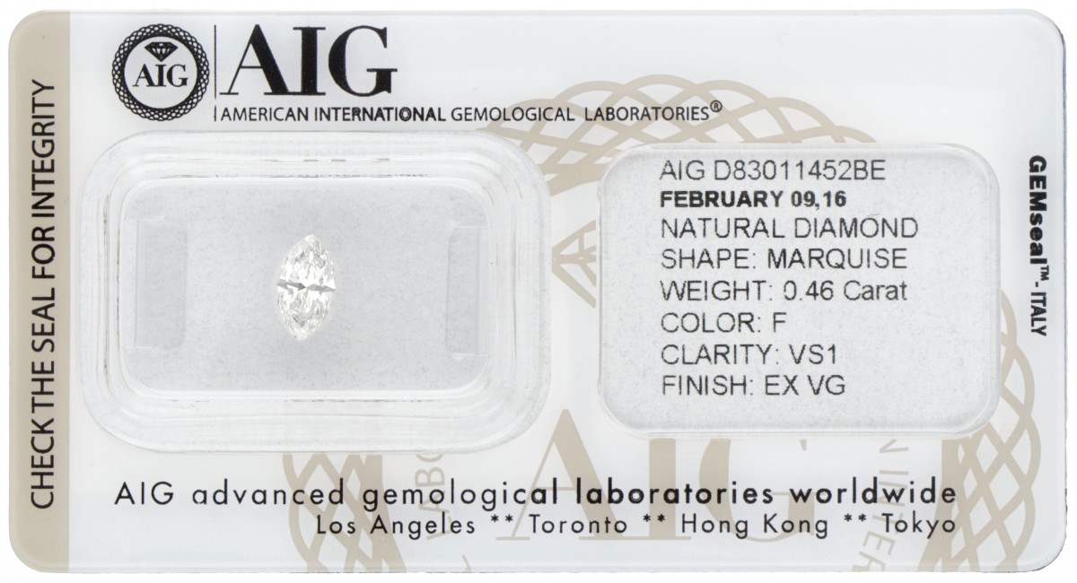 AIG-gecertificeerde marquise geslepen natuurlijke diamant 0.46 ct.