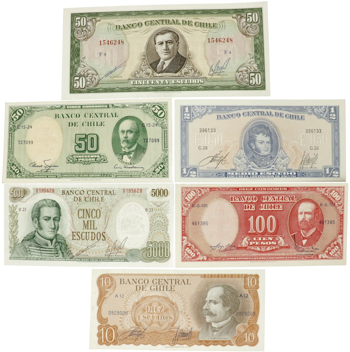 Chile. Lot 6 notes. Banknote. Type ND. - Extremely fine / UNC.