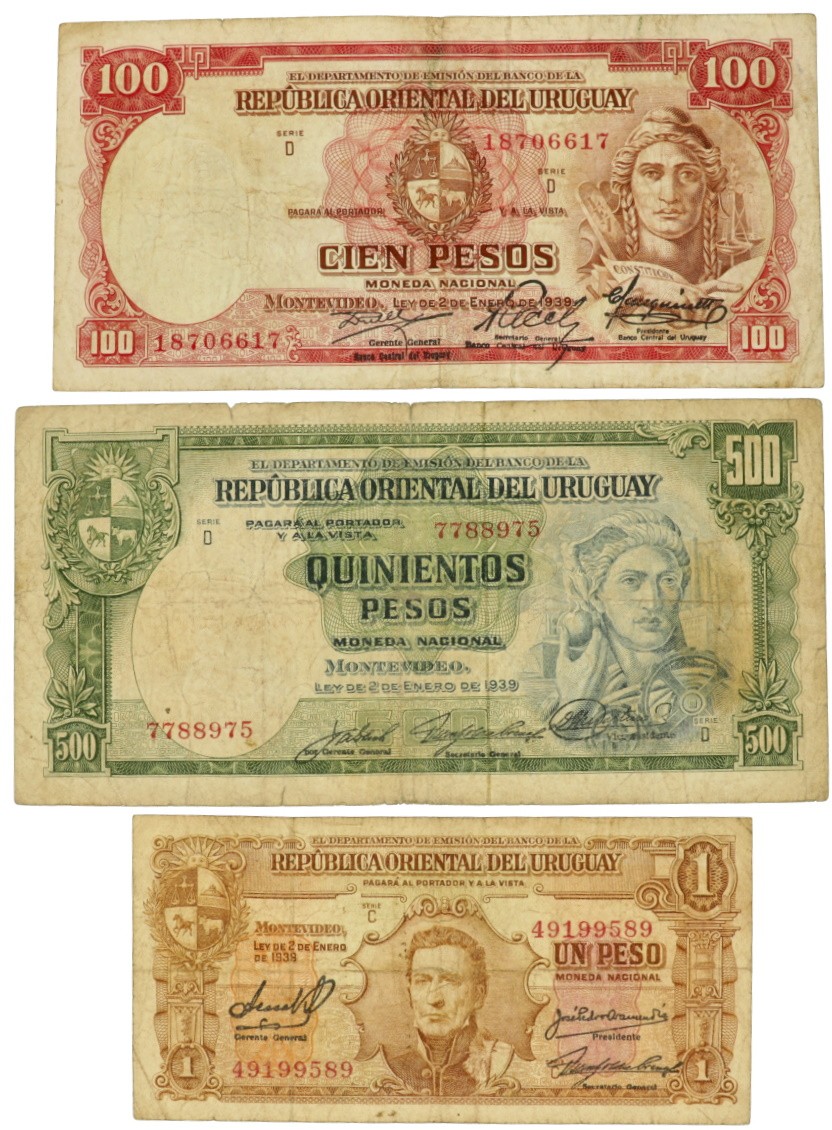 Uruguay. Lot 3 notes. Banknote. Type 1939. - Very fine.