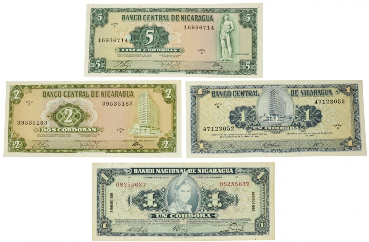 Nicaragua. Lot 4 notes. Banknote. Type 1959-1972. - Very fine – UNC.