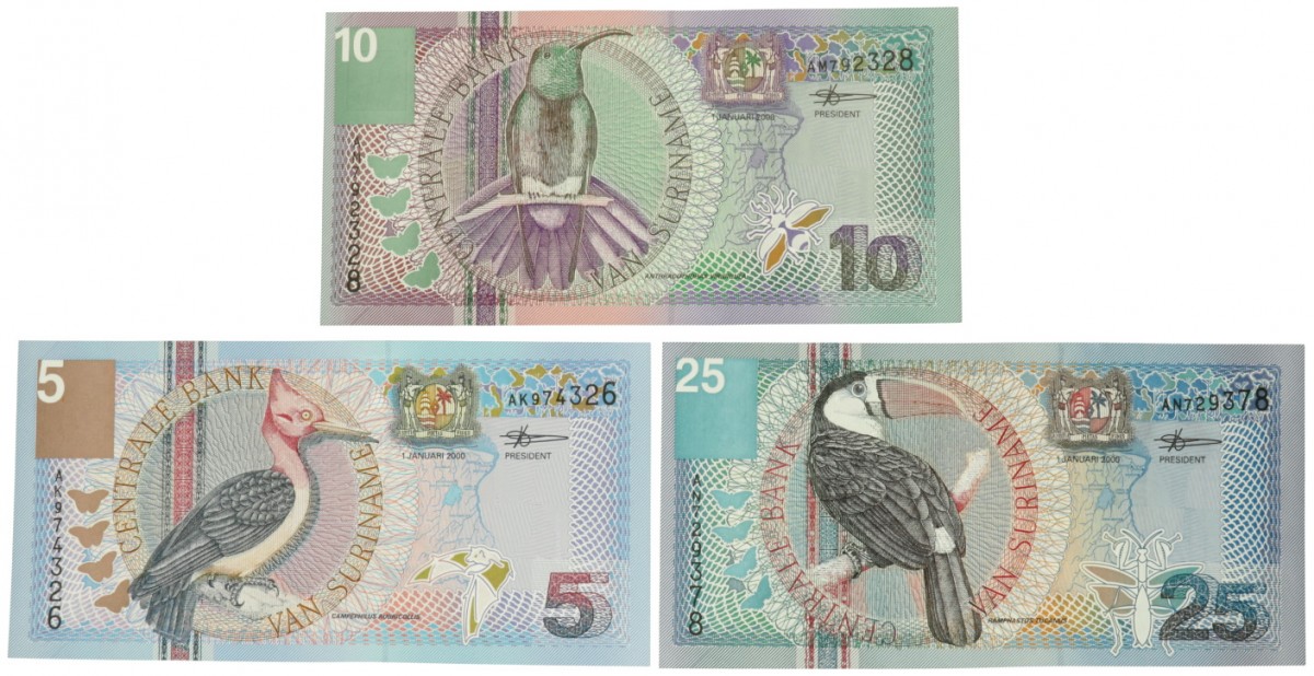 Suriname. Lot 3 notes. Banknote. Type 2000. - Extremely fine.
