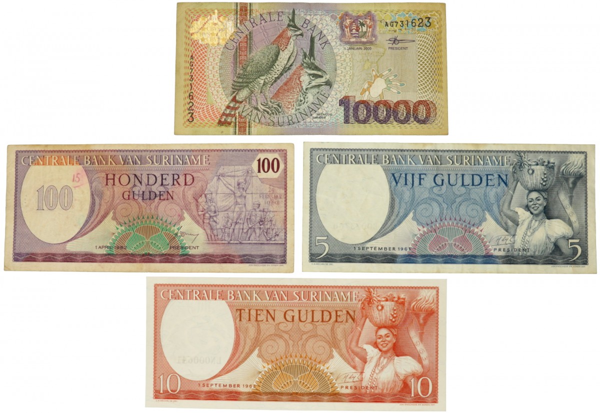 Suriname. Lot 4 notes. Banknote. Type 1963-2000. - Fine – Extremely fine.