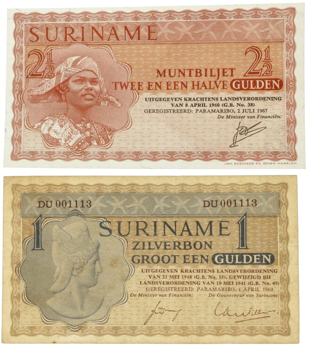 Suriname. 1 and 2½ gulden. Banknote. Type 1960-1967. - Very fine – UNC.