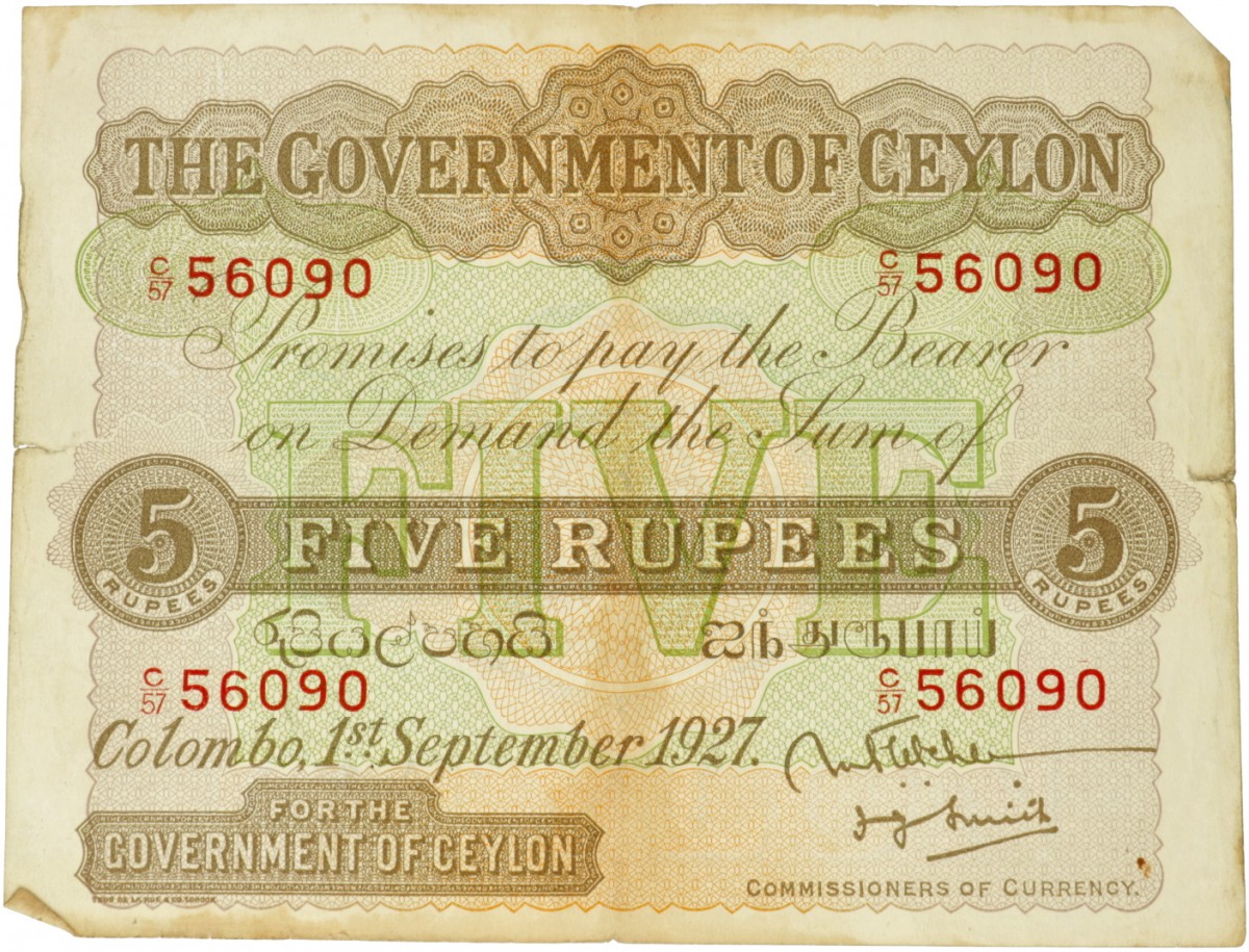 Ceylon. 5 Rupees. Banknote. Type 1927. - Fine.