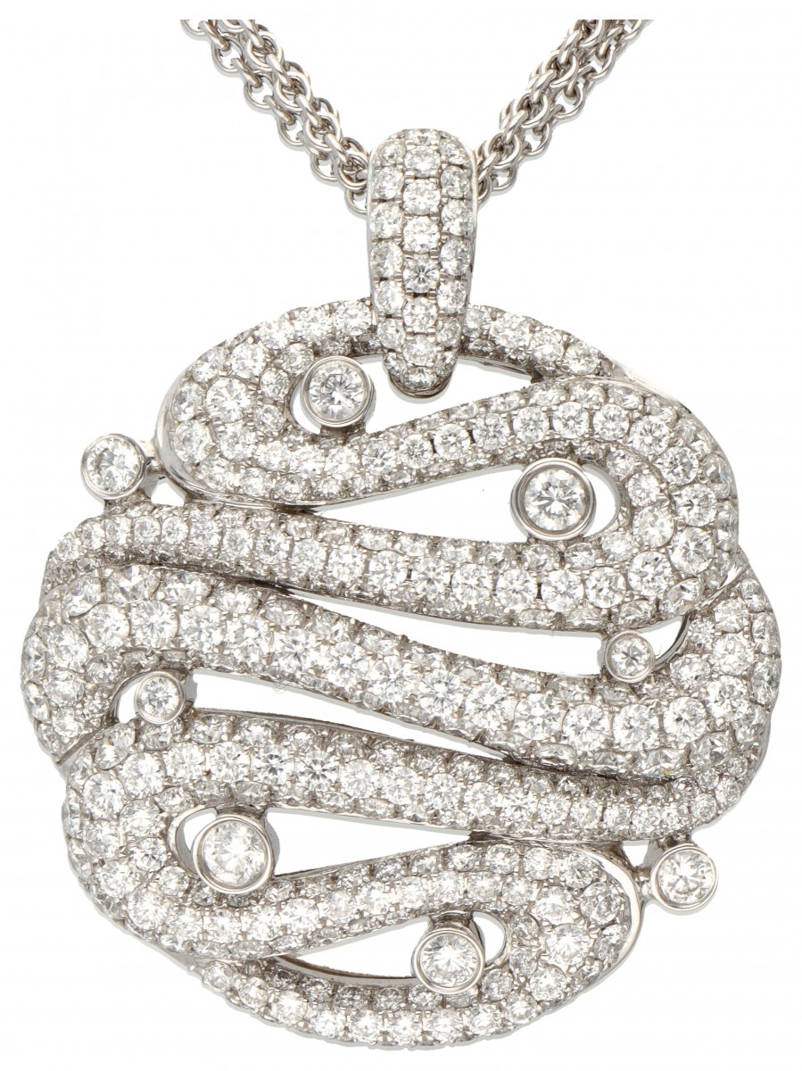 Exclusieve 18 kt. witgouden Hulchi Belluni Italiaans design collier en hanger bezet met ca. 4.96 ct. diamant.