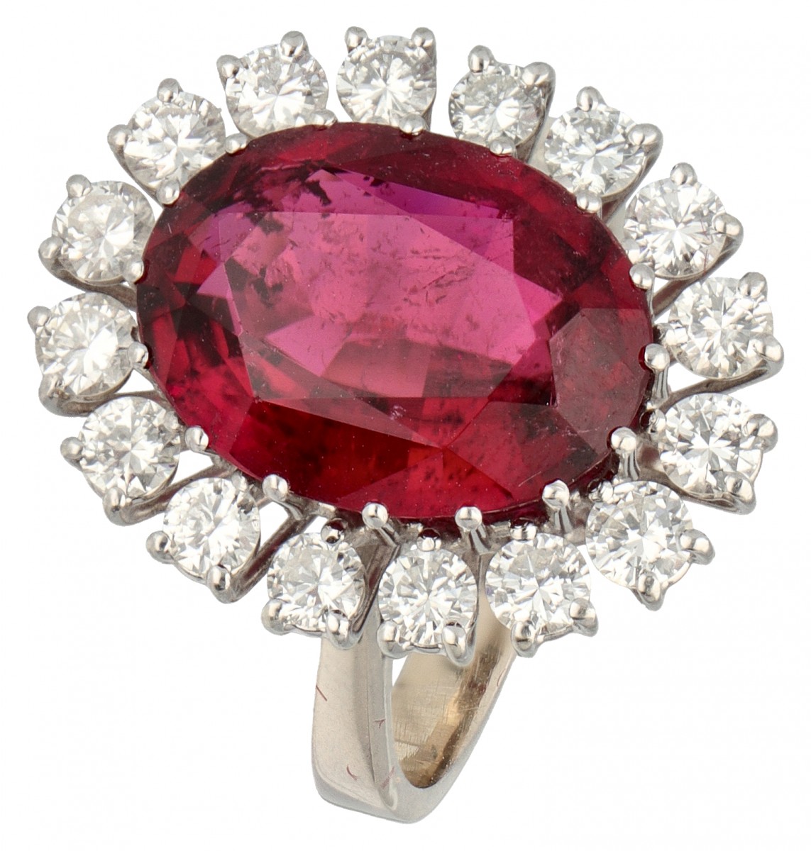 14 kt. Witgouden rozetring bezet met ca. 0.96 ct. diamant en ca. 5.13 ct. natuurlijke roze toermalijn.