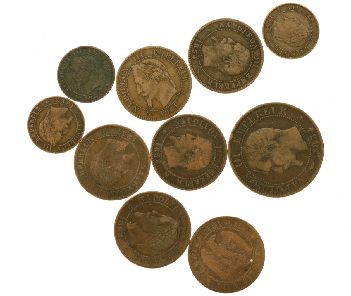 France. Napoleon I. Lot (10) 1 Centime - 5 Centimes. 1854 - 1862.