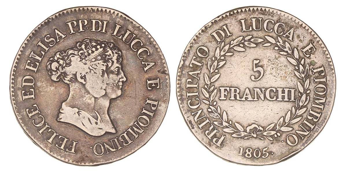 Italian States. Lucca. Felix and Elisa. 5 Franchi. 1805.