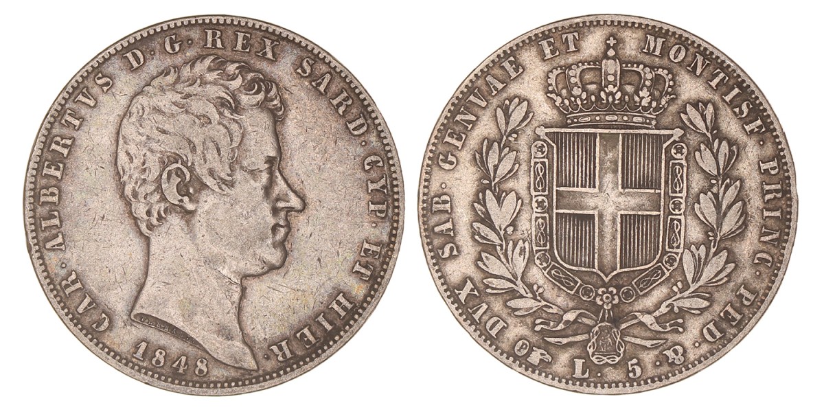 Italian States. Sardinia. Carlo Alberto. 5 Lire. 1848 P.