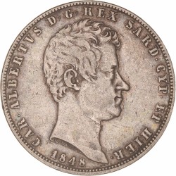 Italian States. Sardinia. Carlo Alberto. 5 Lire. 1848 P.