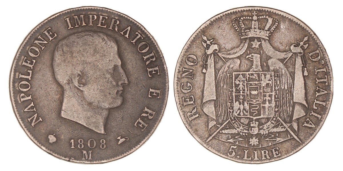 Italian States. Napoleonic Kingdom. Napoleon I. 5 Lire. 1808 M.