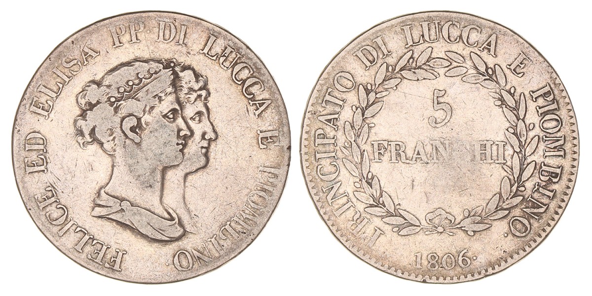 Italian States. Lucca. Felix and Elisa. 5 Franchi. 1806.