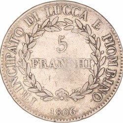Italian States. Lucca. Felix and Elisa. 5 Franchi. 1806.