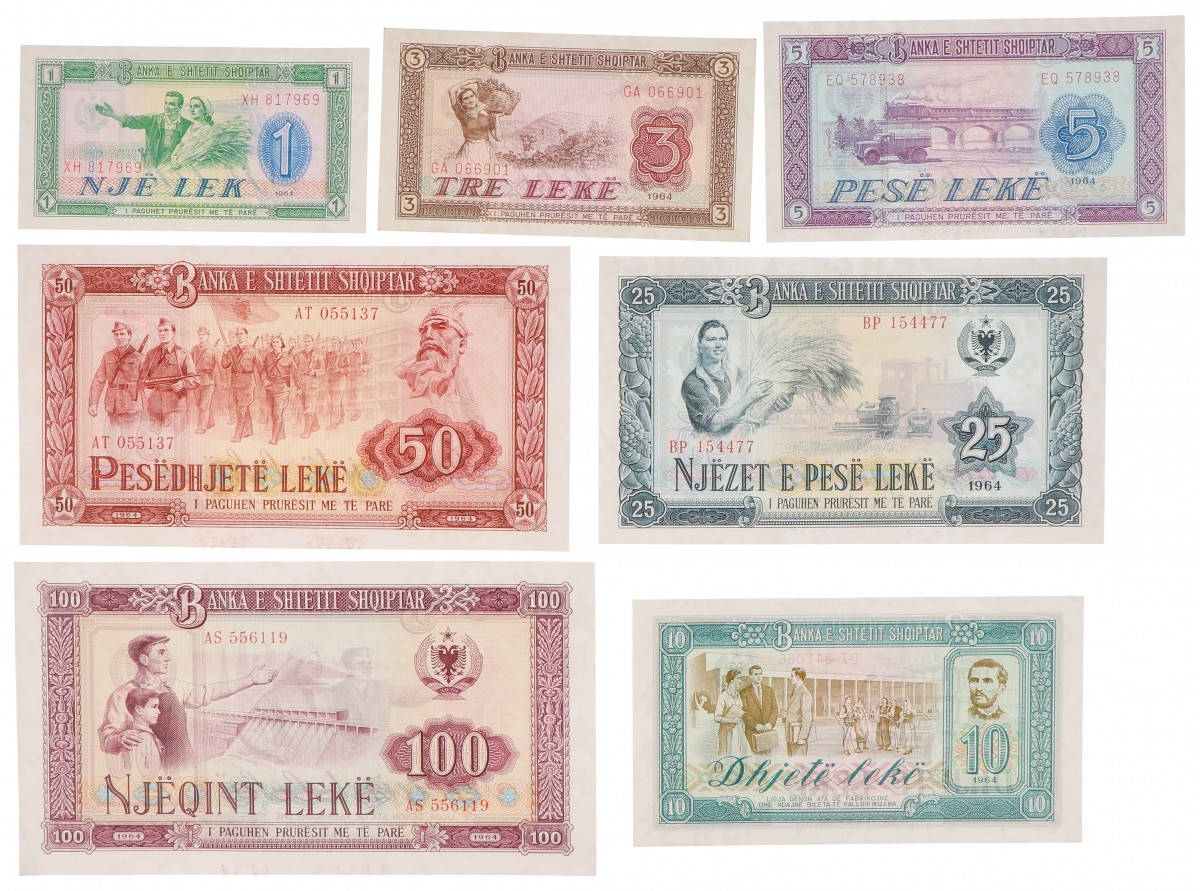 Albania. Lot 7 notes. Banknote. Type 1964. - Very fine – UNC.