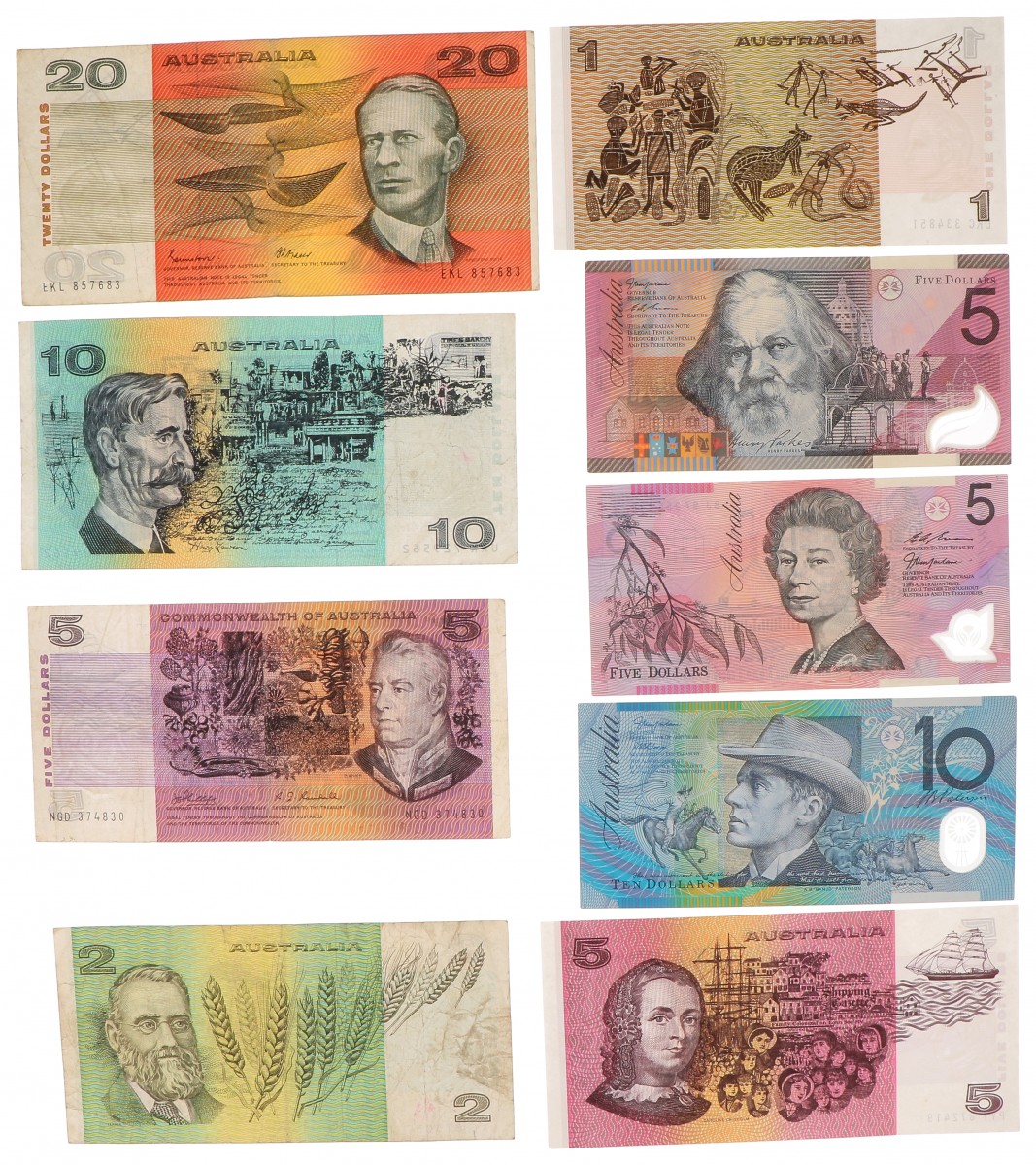 Australia. Lot 9 notes. Banknote. Type ND. - Fine – UNC.