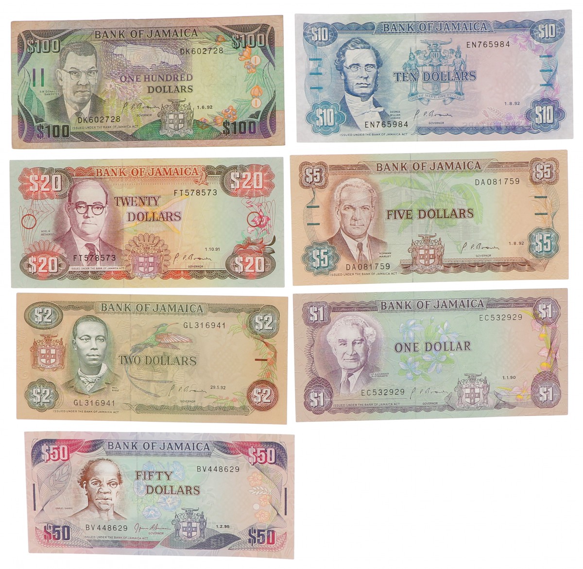 Jamaica. Lot 7 notes. Banknote. Type 1990-1995. - Fine – UNC.