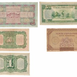 Netherlands-Indies. Lot 5 notes. Banknote. Type 1925-1943. Jan Pieterszoon Coen. - Very good – Extremely fine.