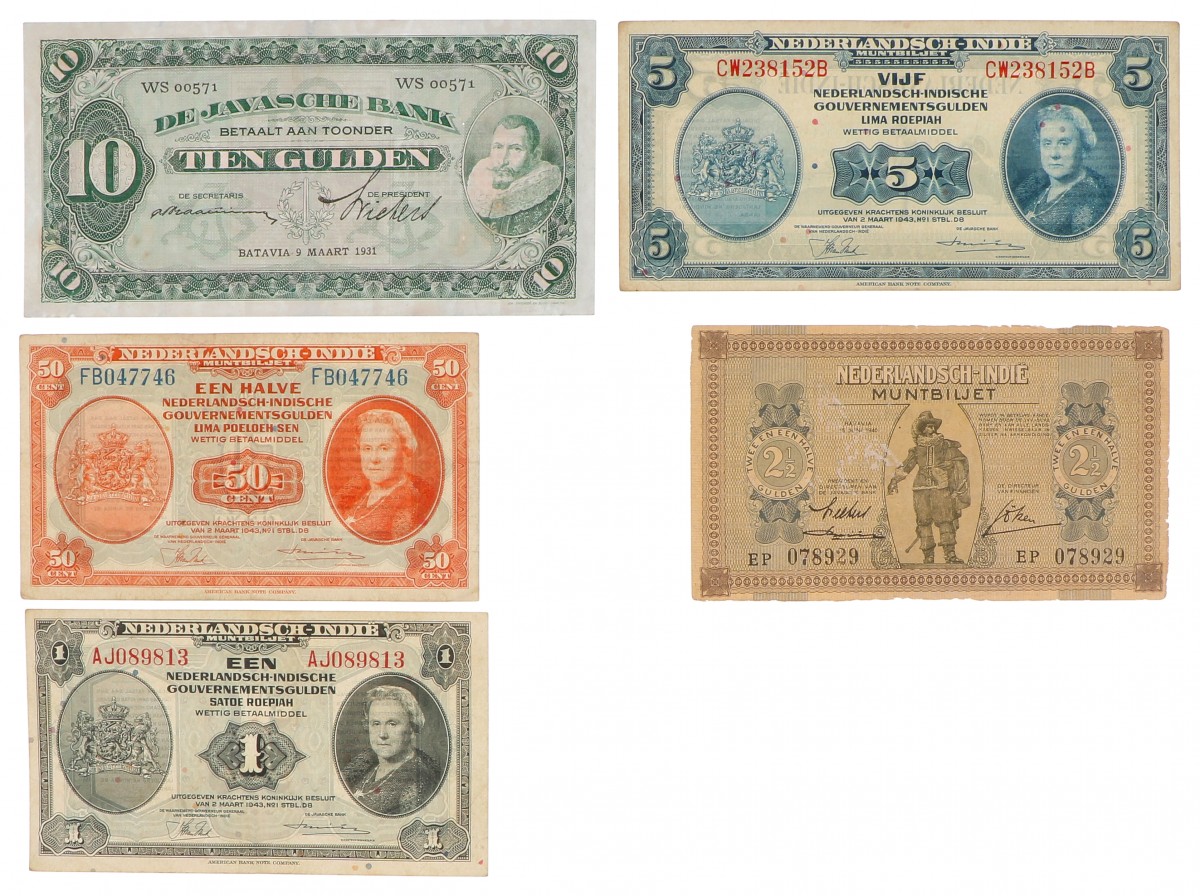 Netherlands-Indies. Lot 5 notes. Banknote. Type 1925-1943. Jan Pieterszoon Coen. - Very good – Extremely fine.