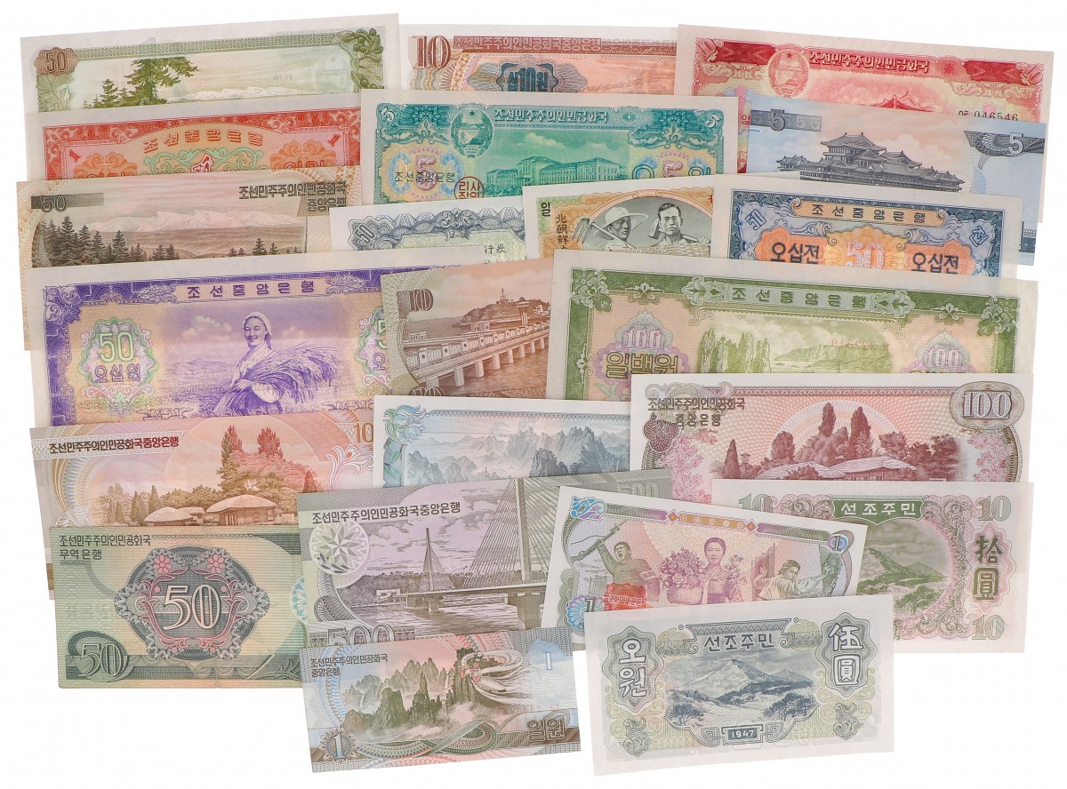 North Korea. Lot 22 notes. Banknote. Type 1947-1978. - Fine – UNC.