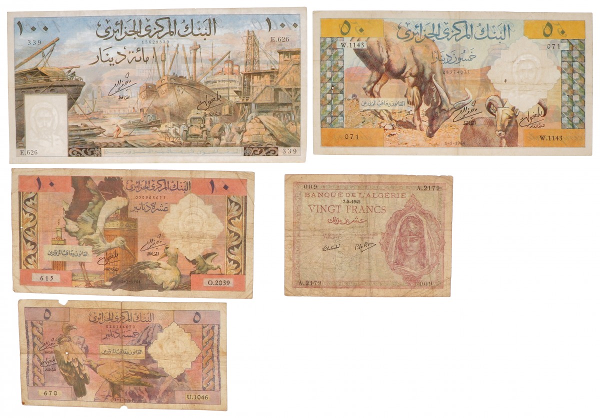 Algeria. 5/10/20/50/100 Dinars. Banknote. Type 1945-1964. - Good – Very fine.