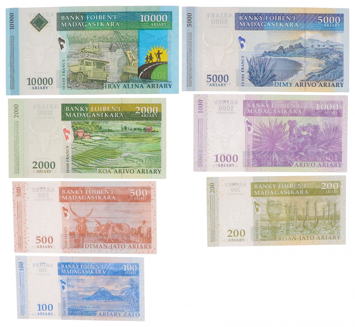 Madagascar. 500/1000/2500/5000/10000/25000/50000 Francs. Banknote. Type 2004. - Very fine – UNC.