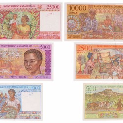 Madagascar. 500/1000/2500/5000/10000/25000 Francs. Banknote. Type 1994-1998. - Very fine – UNC.