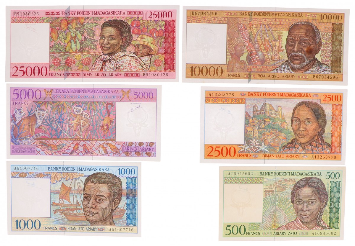 Madagascar. 500/1000/2500/5000/10000/25000 Francs. Banknote. Type 1994-1998. - Very fine – UNC.