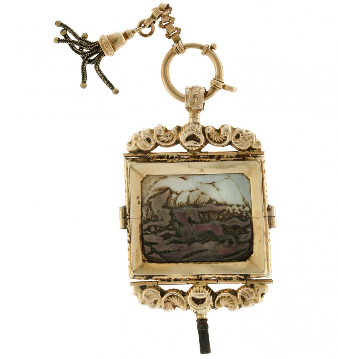Zakhorloge sleutel met gouden hanger, rijk gedecoreerd parelmoer