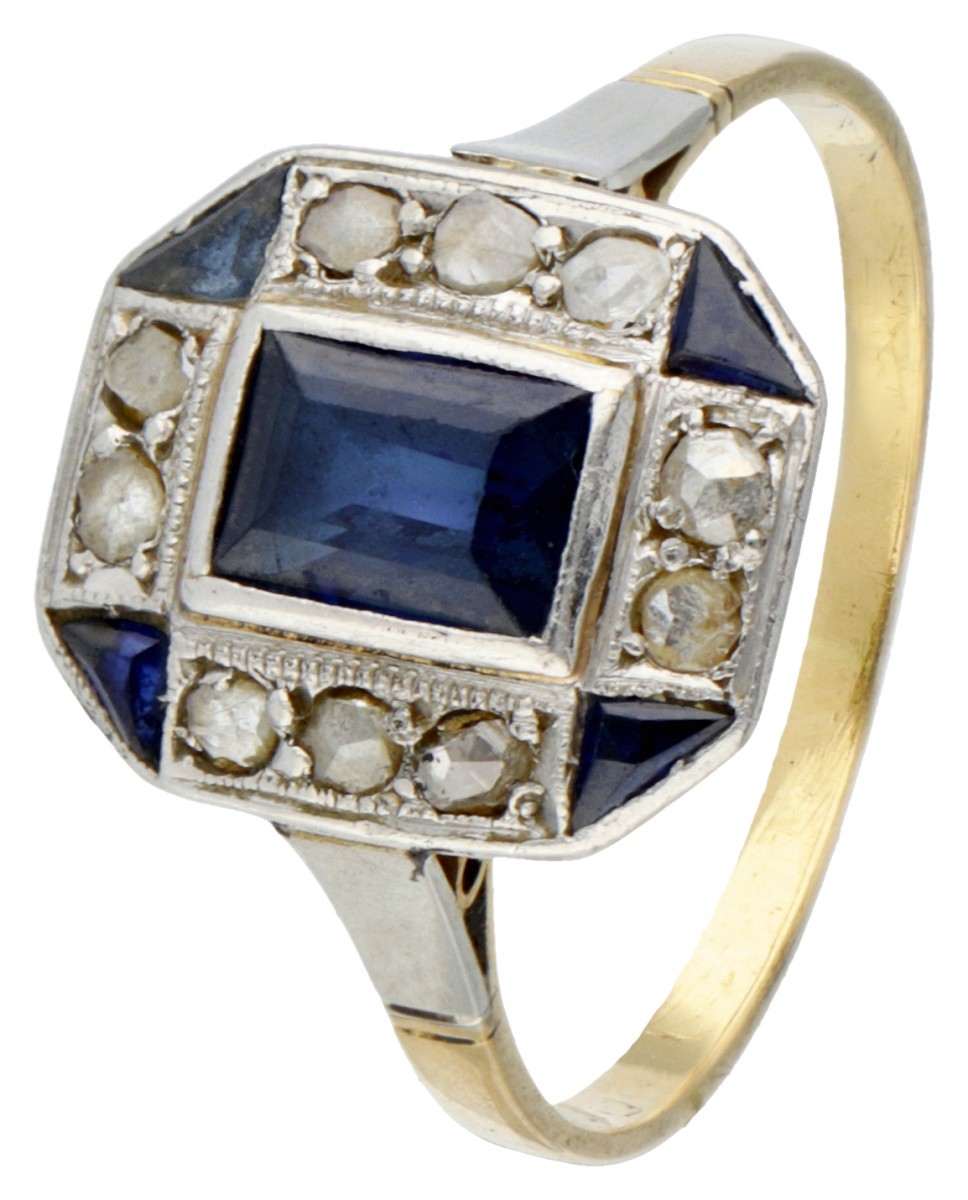 14 kt. Geelgouden art deco ring met Pt 950 platina bezet met diamant en synthetische saffier.