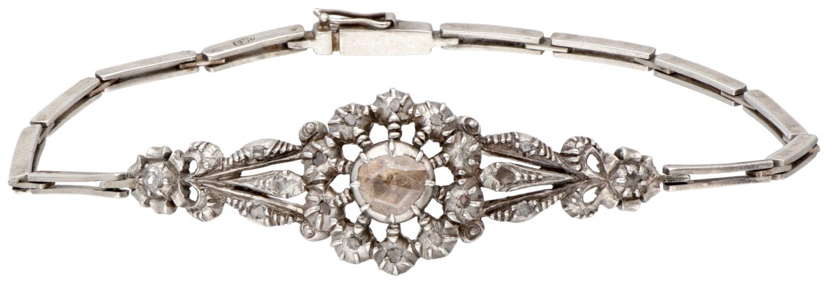 Zilveren antieke ajour / opengewerkte armband bezet met roos geslepen diamant - 925/1000.