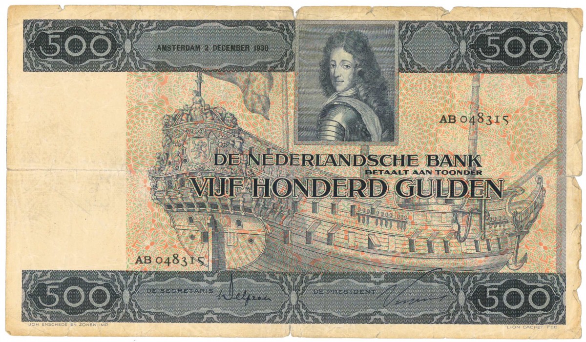 Nederland. 500 gulden. Bankbiljet. Type 1930. Type Stadhouder Willem III. - Fraai -.