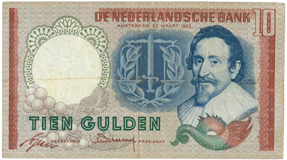 Nederland. 10 gulden. Bankbiljet. Type 1953. Type Hugo de Groot. - Fraai +.