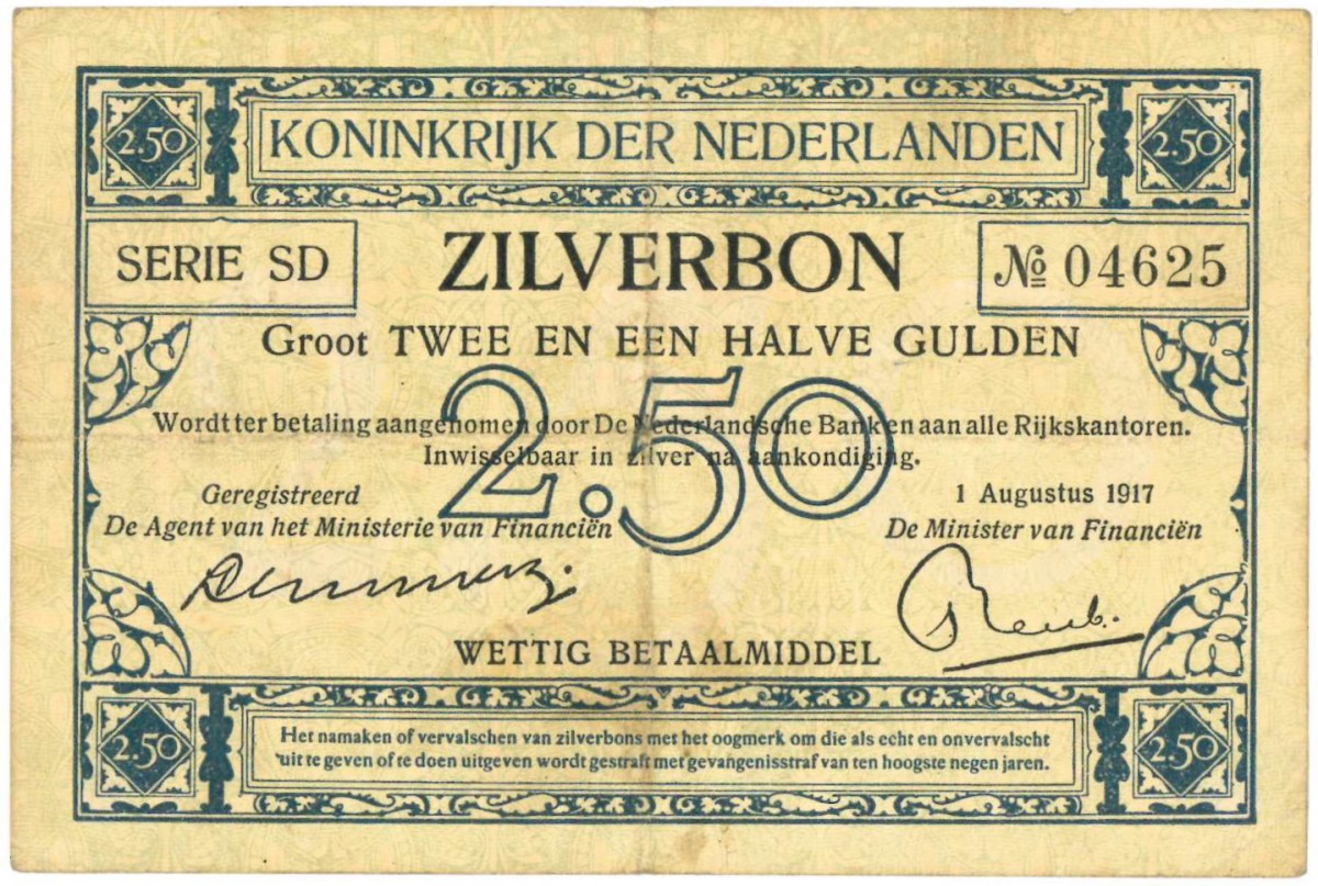 Nederland. 2½ gulden. Zilverbon. Type 1915. - Zeer Fraai -.