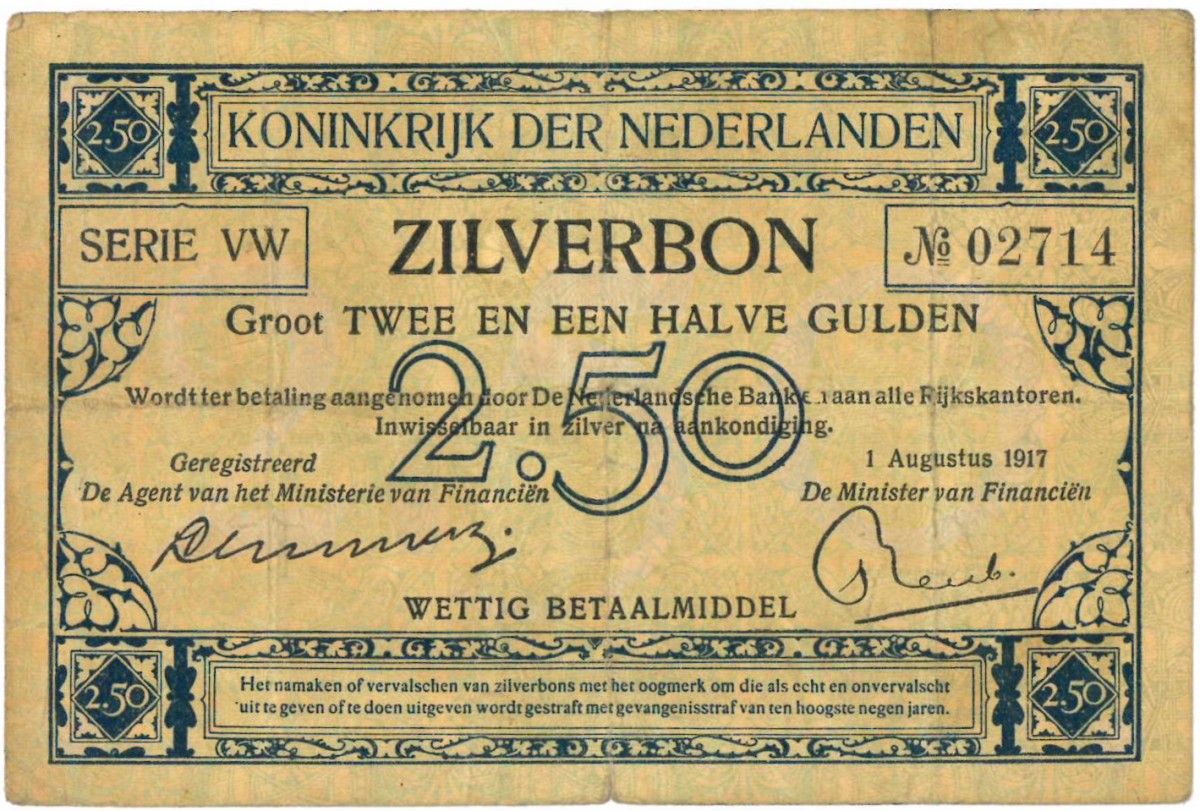 Nederland. 2½ gulden. Zilverbon. Type 1915. - Fraai.