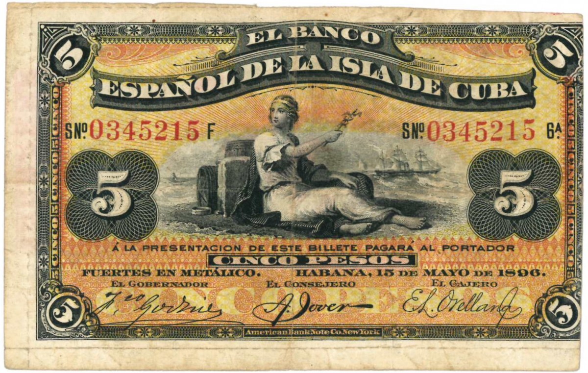 Cuba. 5 Pesos. Banknote. Type 1896. - Fine.