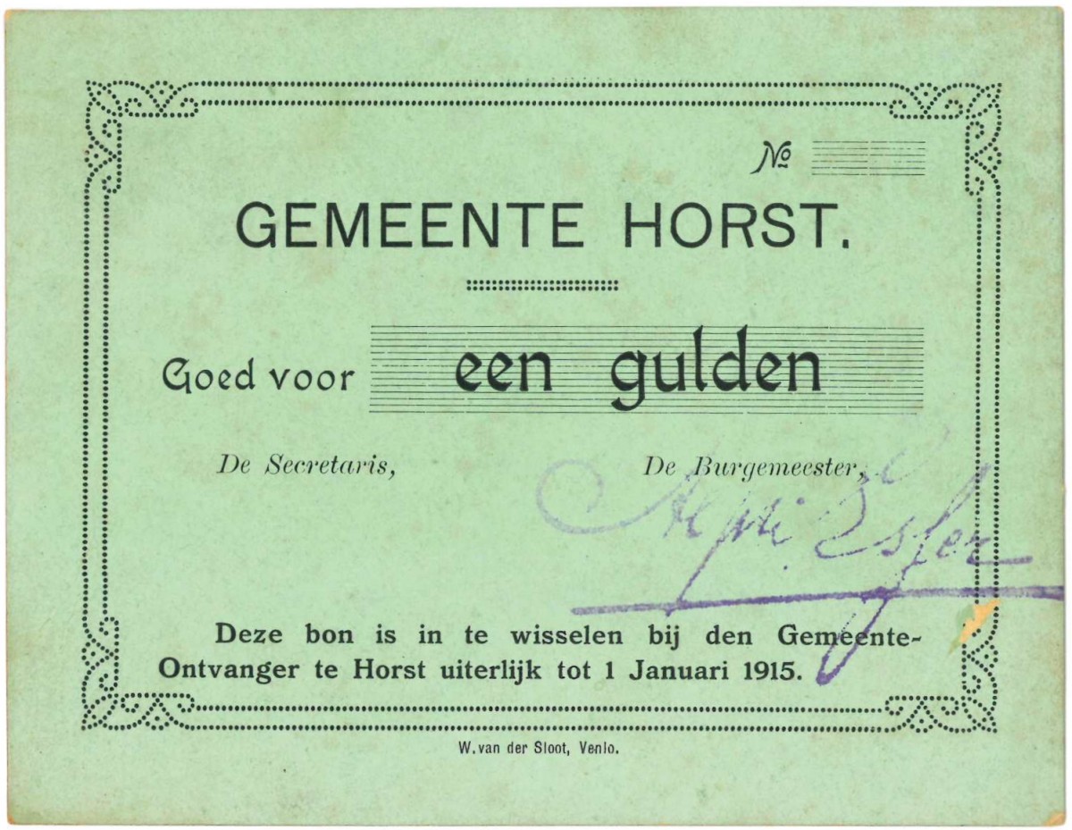 Nederland. 1 gulden. Noodgeld. Type 1914. Type Horst. - Prachtig.